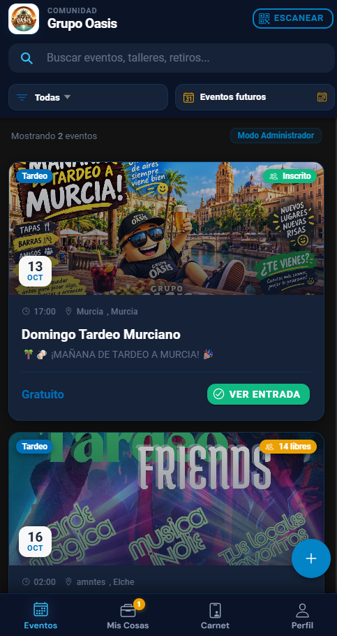 Captura real de la aplicación de Eventos de Comunidad Grupo Oasis