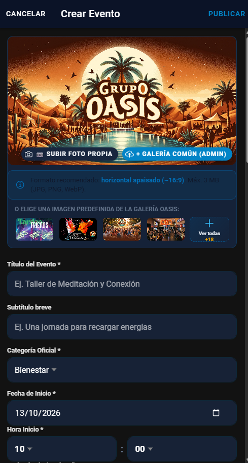 Pantalla de Crear Evento en la App Grupo Oasis