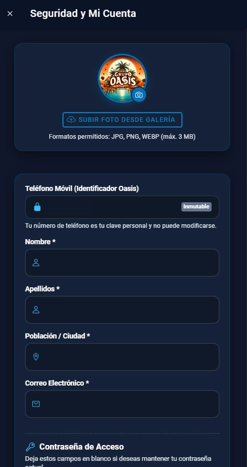 Pantalla de Seguridad y Mi Cuenta en la App Grupo Oasis